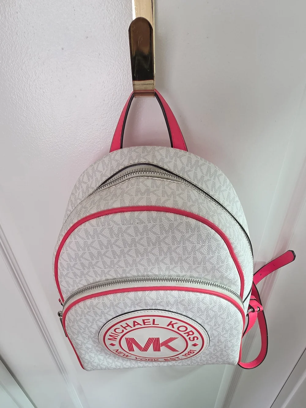 Michael Kors Signature Abbey Backpack in White with Hot Pink Accents